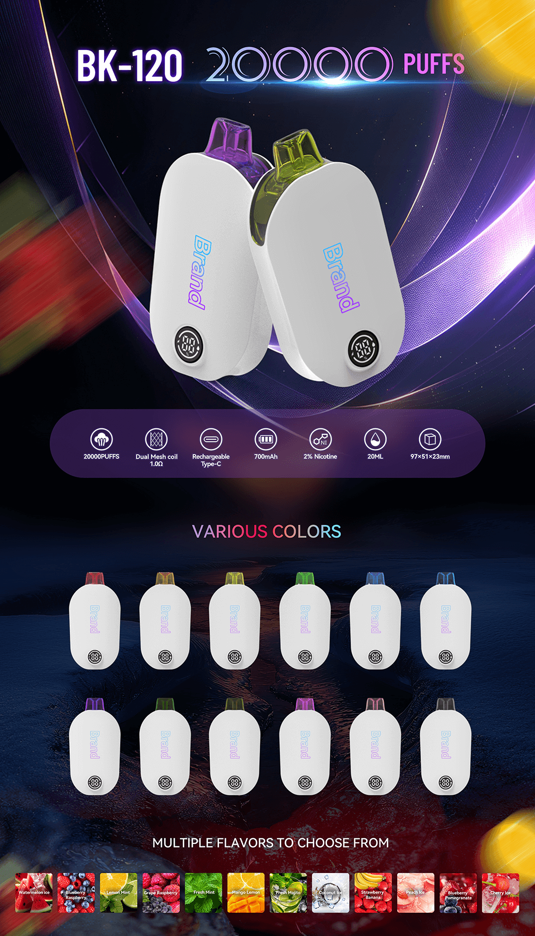 BK-120 disposable vape delivers 20000 puffs with dual mesh coil, rechargeable Type-C, 700mAh battery, 2% nicotine, 20mL e-liquid, various colors and multiple flavors for vape experience.